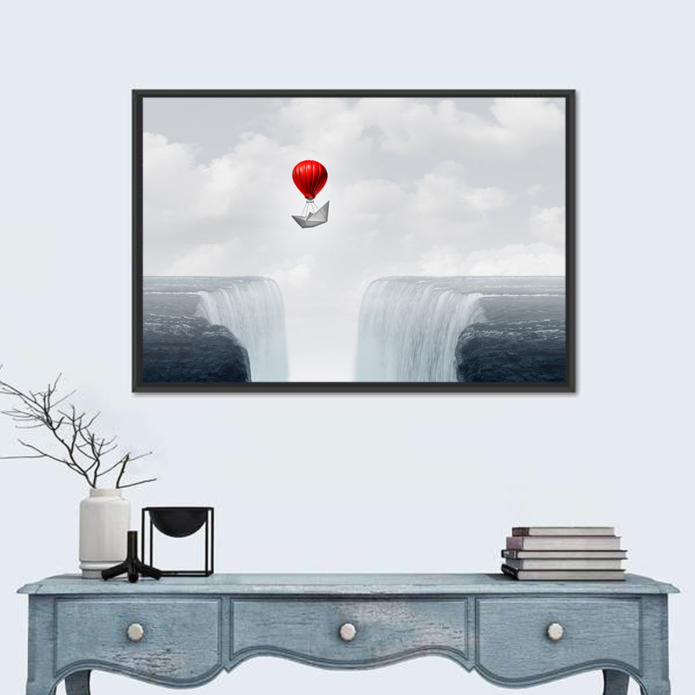 Paper Boat Suspended by Red Balloon Wall Art in a room, landscape