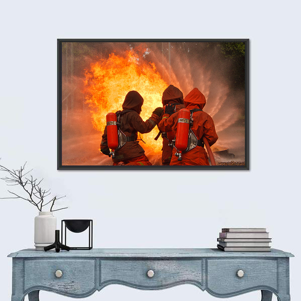 Three Firefighters Training Drill Wall Art in a room, landscape