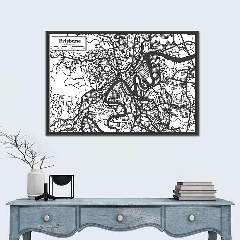 Brisbane Hand-drawn City Map Wall Art in a room, landscape