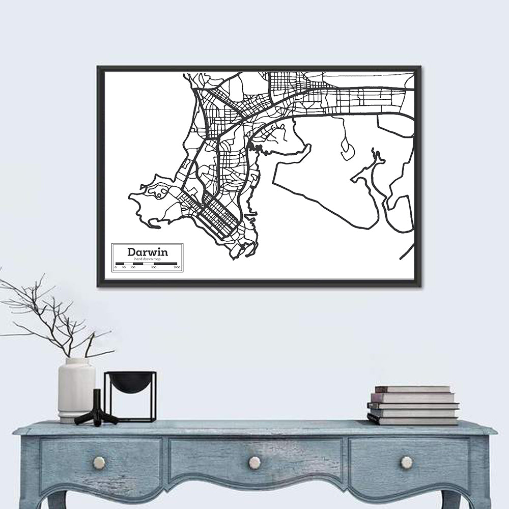 Darwin Minimalist City Map Wall Art in a room, landscape