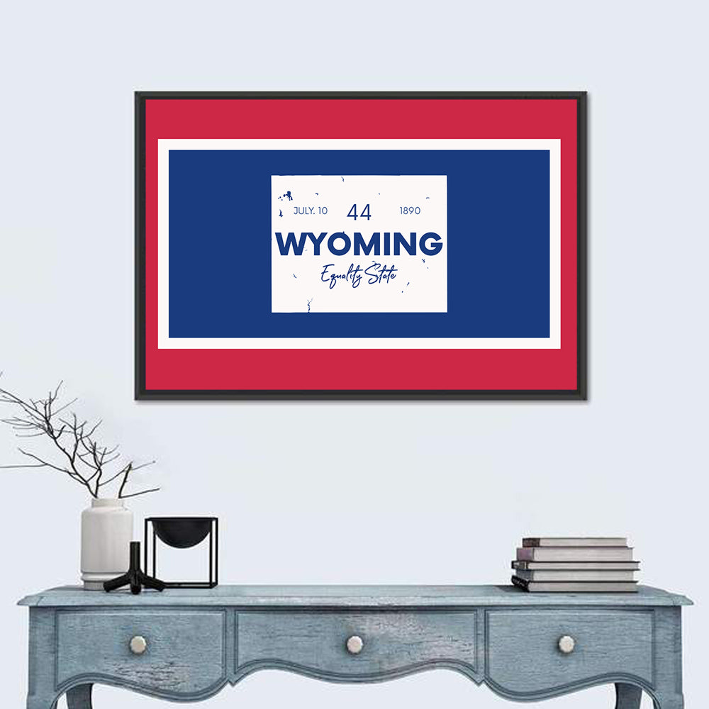 Wyoming Typographic Map Wall Art in a room, landscape