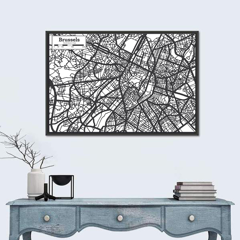 Brussels Hand Drawn City Map Wall Art in a room, landscape