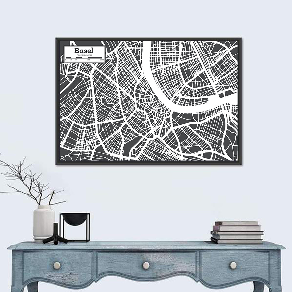Basel River Bend Map Wall Art in a room, landscape