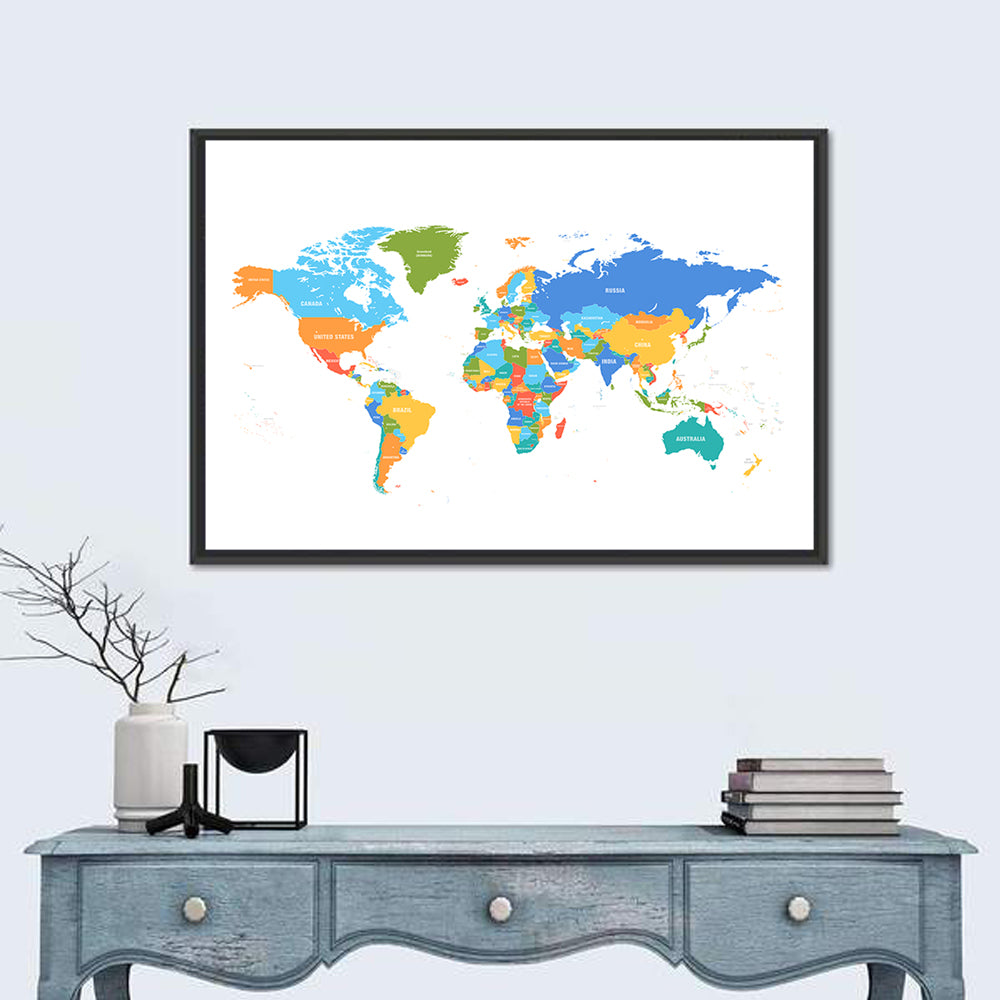 Colorful Political World Map Wall Art in a room, landscape
