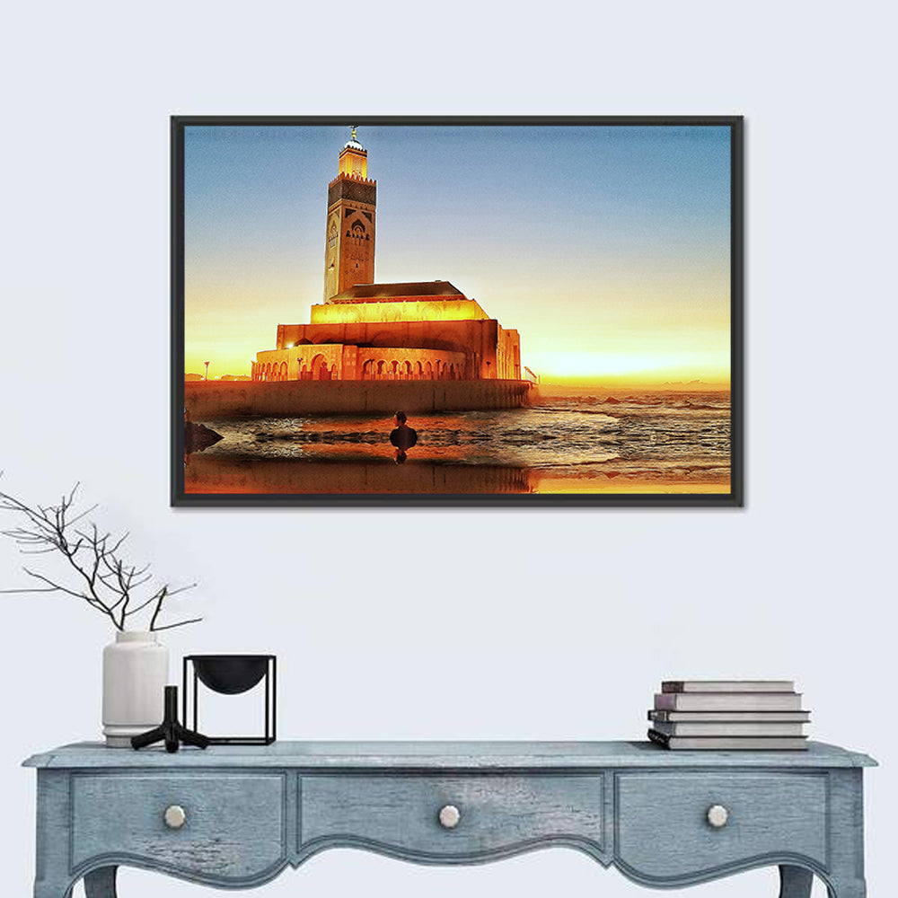 Hassan Ii Mosque at Sunset, Casablanca Wall Art in a room, landscape