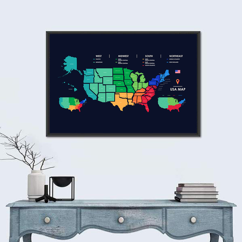 Color Coded US Regions Map Wall Art in a room, landscape