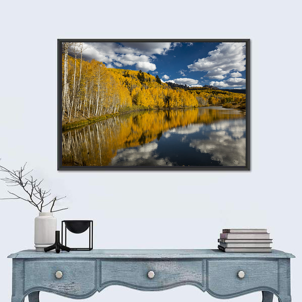 Cushman Lake Golden Aspens Wall Art in a room, landscape