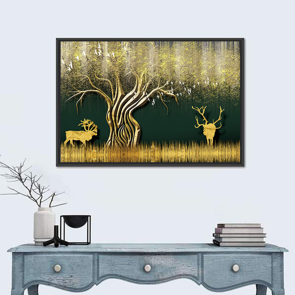 Golden Jungle Deer Scene Wall Art in a room, landscape
