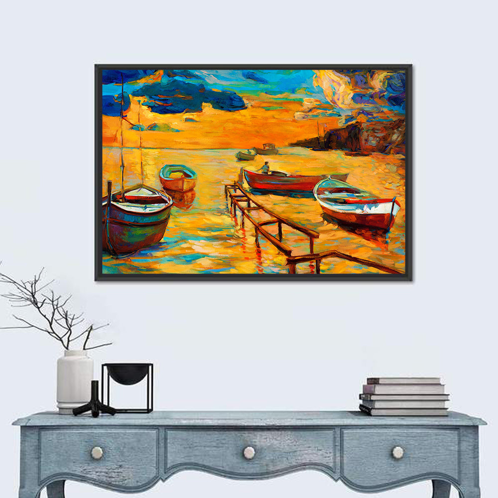 Wooden Pier at Sunset Wall Art in a room, landscape