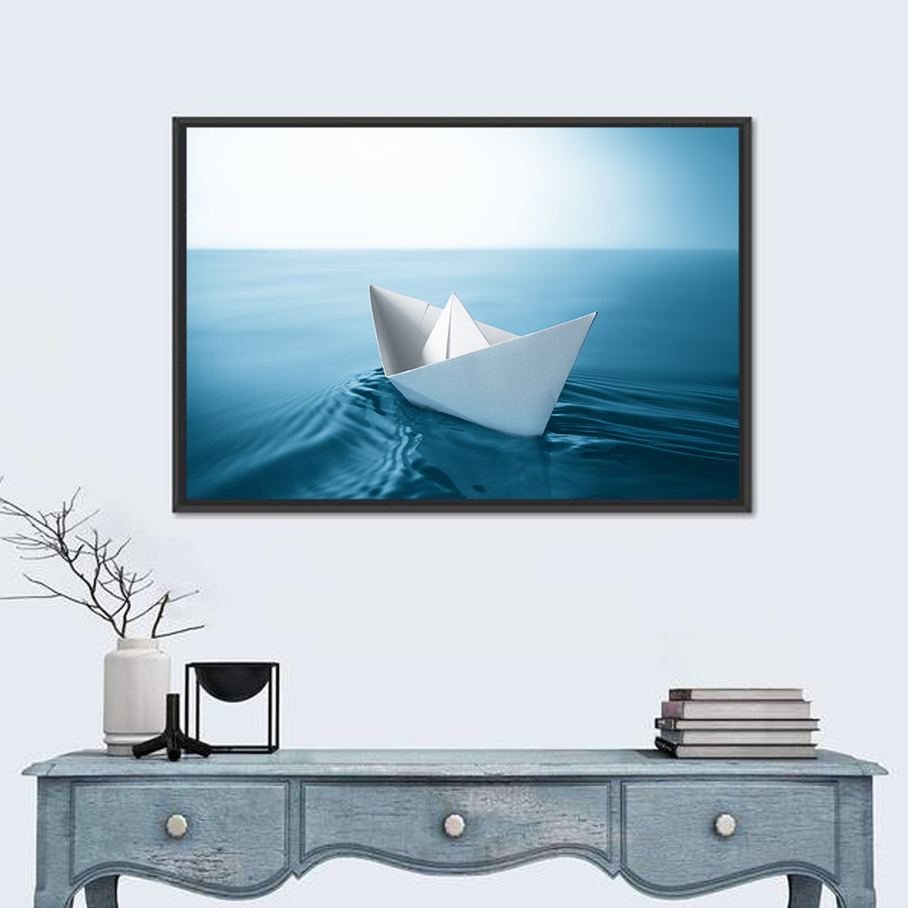 Paper Sailboat on Blue Water Wall Art in a room, landscape