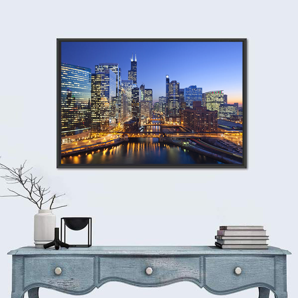 Chicago River Night Skyline Wall Art in a room, landscape