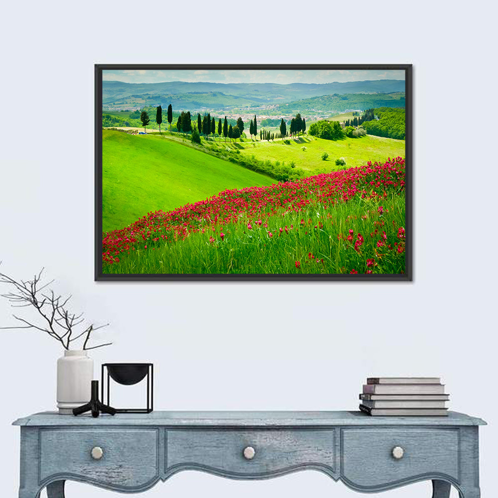Tuscany Hill with Red Wildflowers Wall Art in a room, landscape