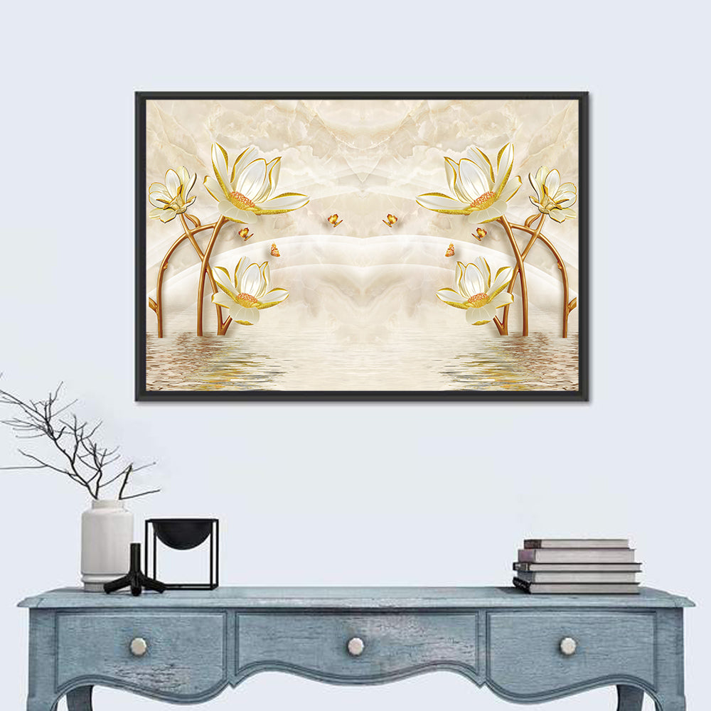 3d Lotus and Butterfly Illustration Wall Art in a room, landscape