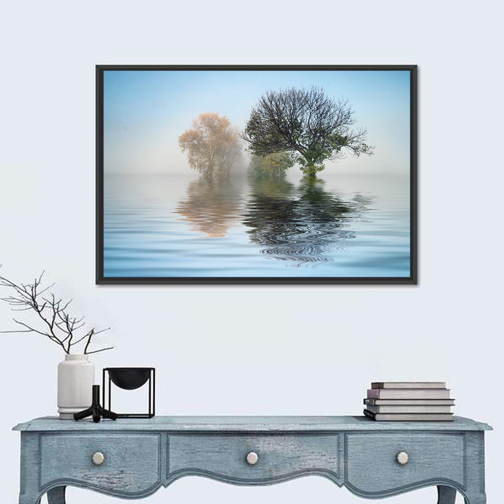 Misty Lake Reflection Wall Art in a room, landscape