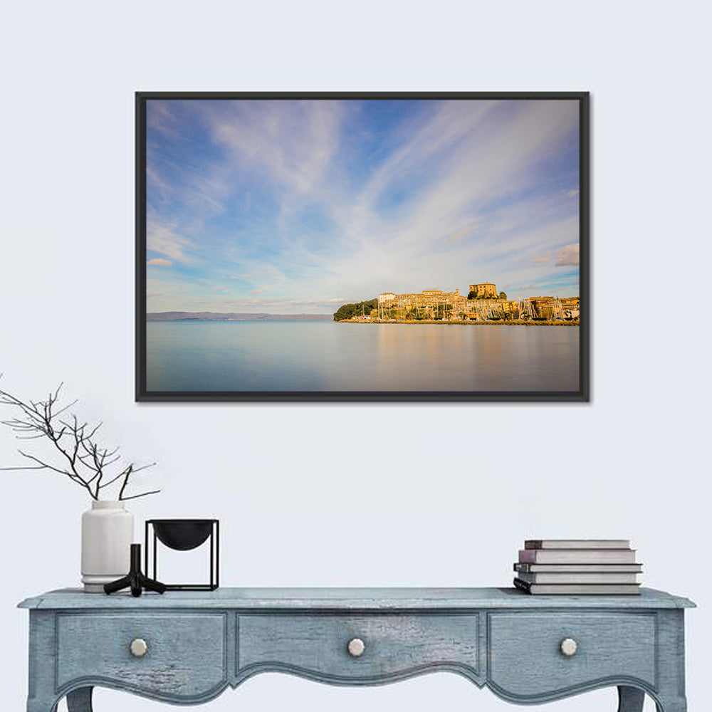 Bolsena Lakeside Harbor View Wall Art in a room, landscape
