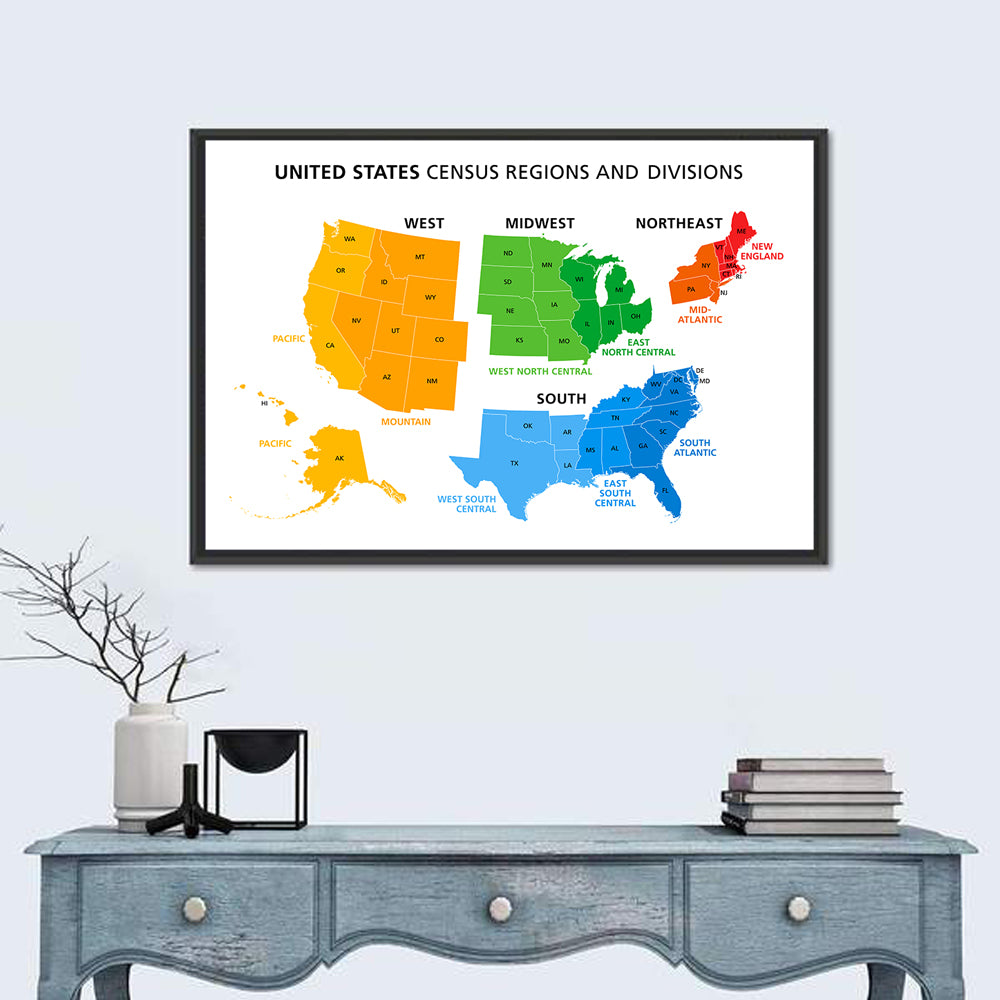 United States Census Regions Map Wall Art
