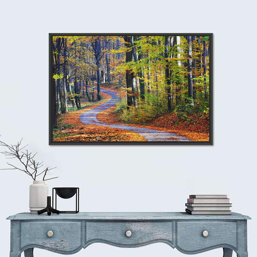 Winding Autumn Forest Path Wall Art in a room, landscape
