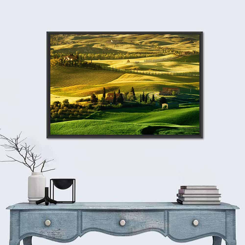 Tuscany Fields at Golden Hour Wall Art in a room, landscape