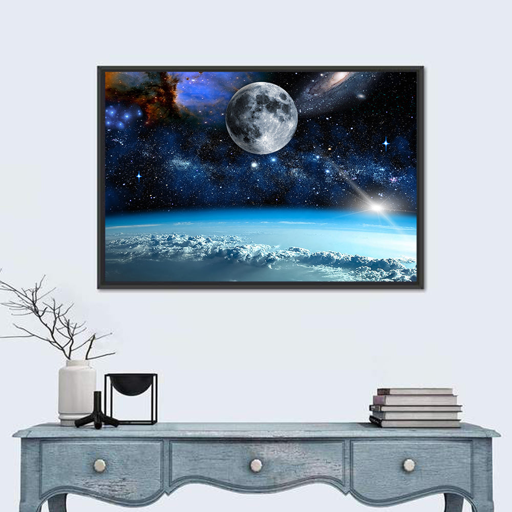 Earth and Moon Over Clouds Wall Art in a room, landscape