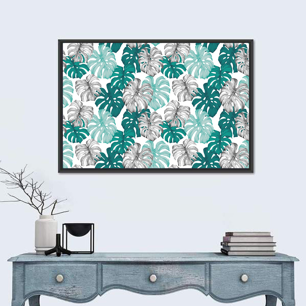 Seamless Monstera Leaf Pattern Wall Art in a room, landscape