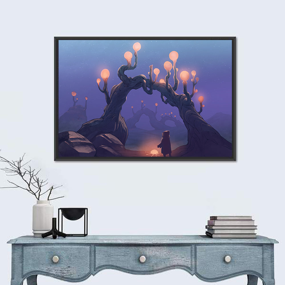 Glowing Archway in Surreal Forest Wall Art in a room, landscape
