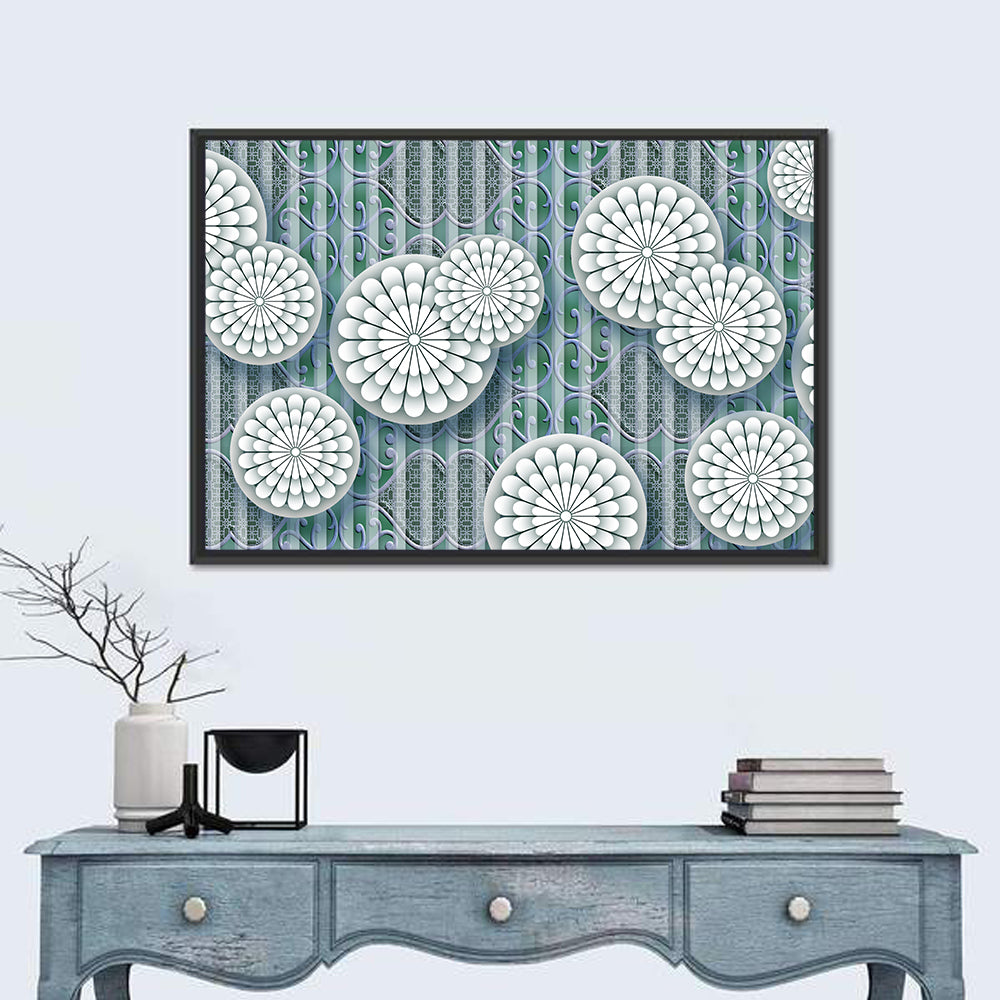 Blue Floral Scrollwork Pattern Wall Art in a room, landscape
