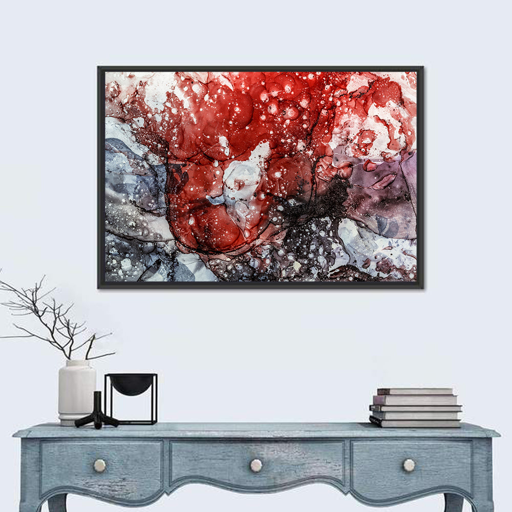 Maroon and Gray Alcohol Ink Abstract Wall Art in a room, landscape