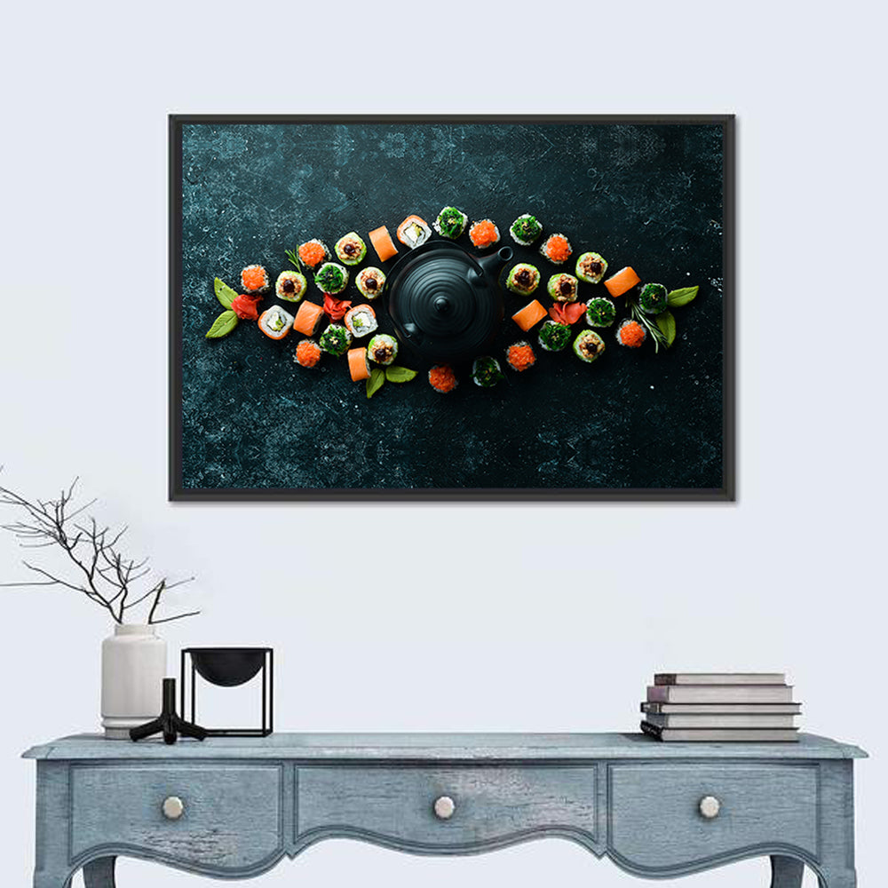 Sushi and Teapot Flat Lay Wall Art in a room, landscape