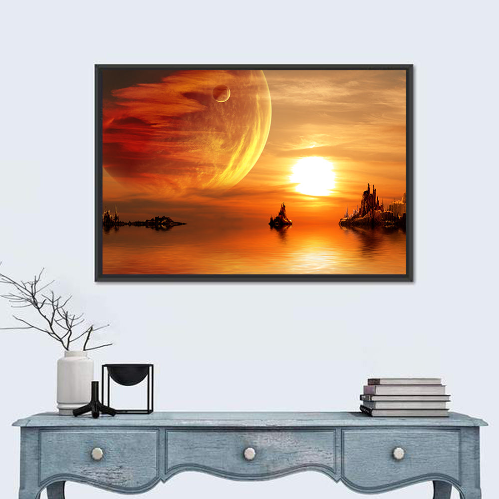 Alien Planet Sunset Wall Art in a room, landscape
