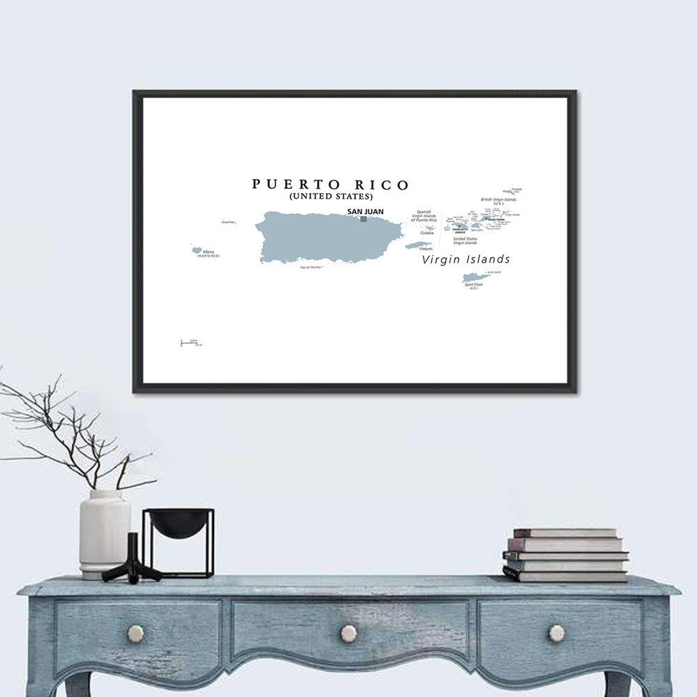 Puerto Rico and Virgin Islands Political Map Wall Art in a room, landscape