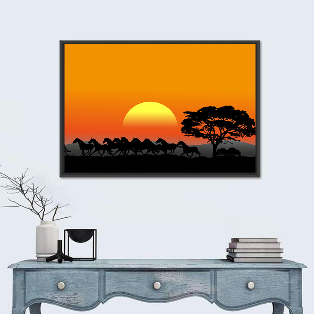 Herd of Horses at Sunset Wall Art in a room, landscape