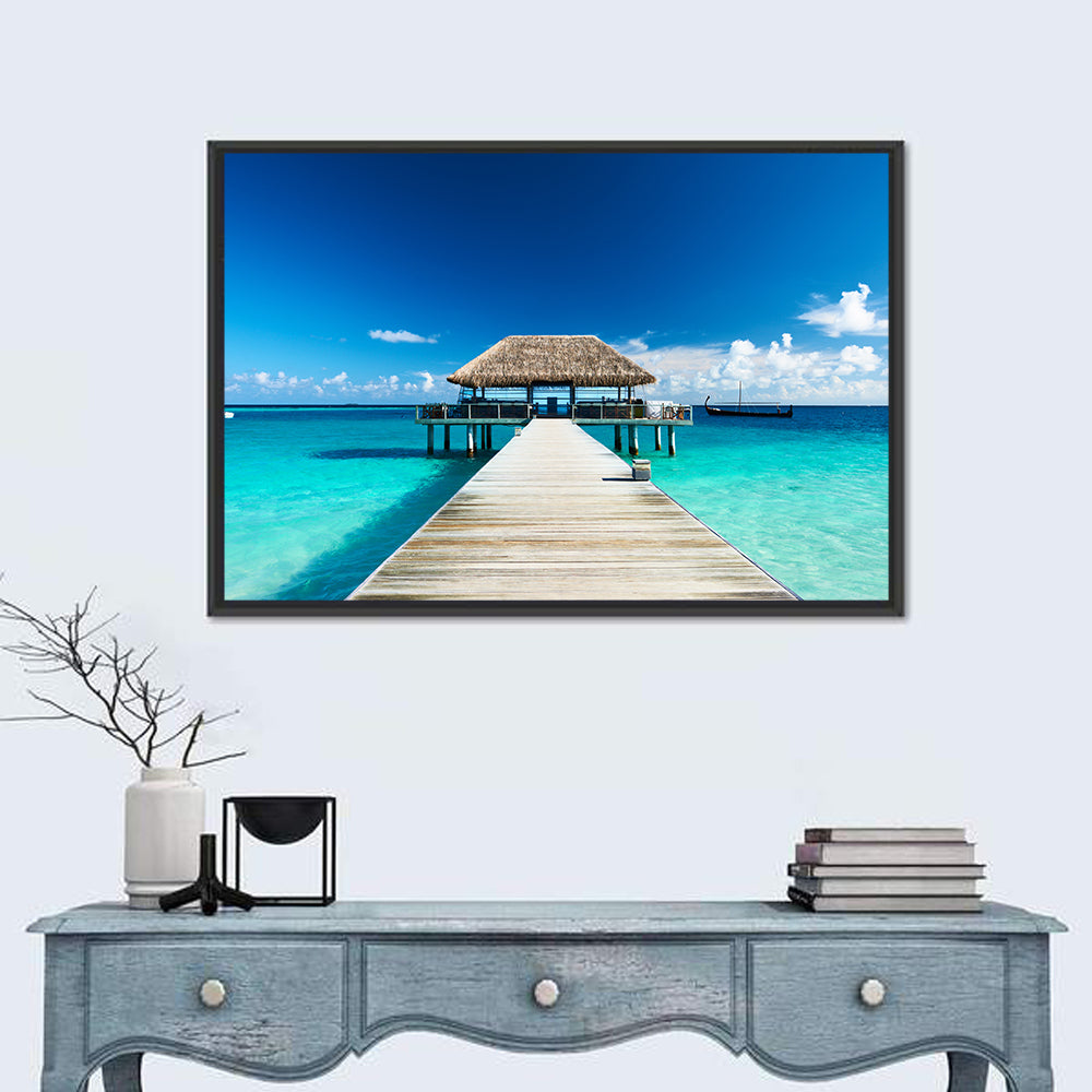 Maldives Wooden Jetty Over Turquoise Water Wall Art in a room, landscape