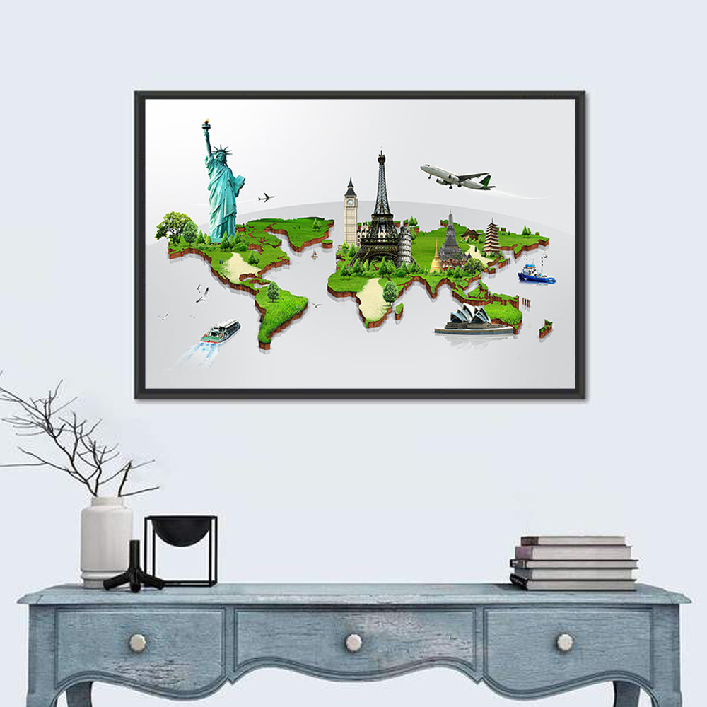 3d World Monuments Map Wall Art in a room, landscape