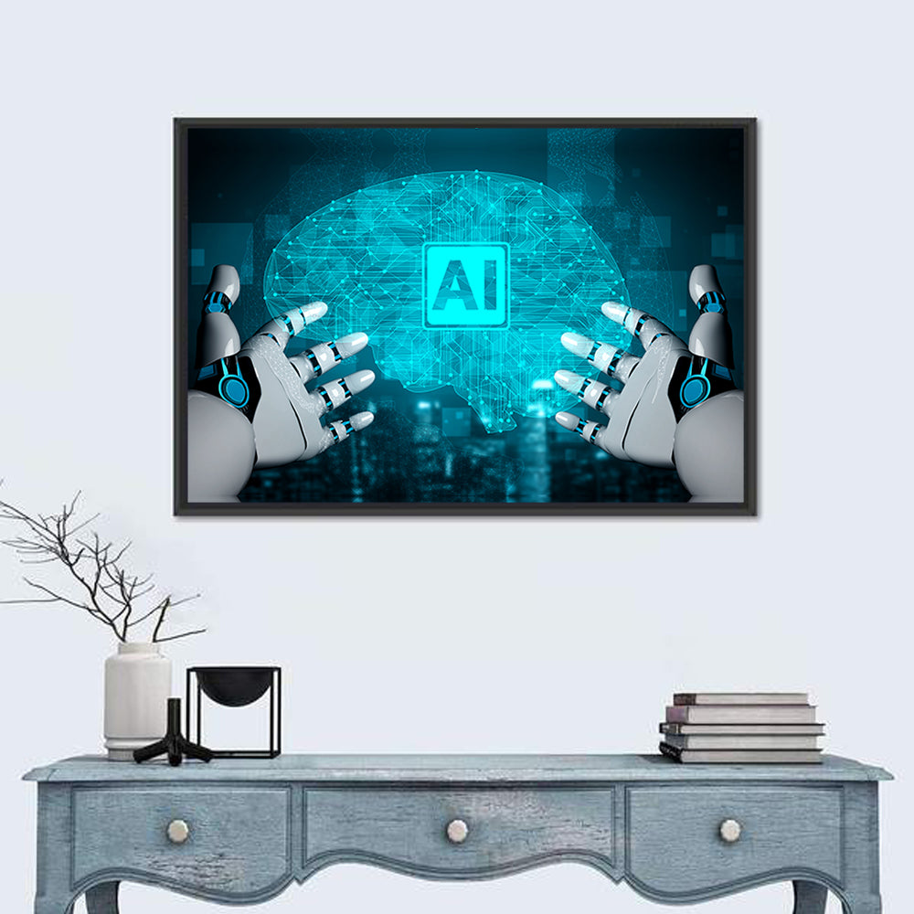 Glowing Ai Brain with Robotic Hands Wall Art