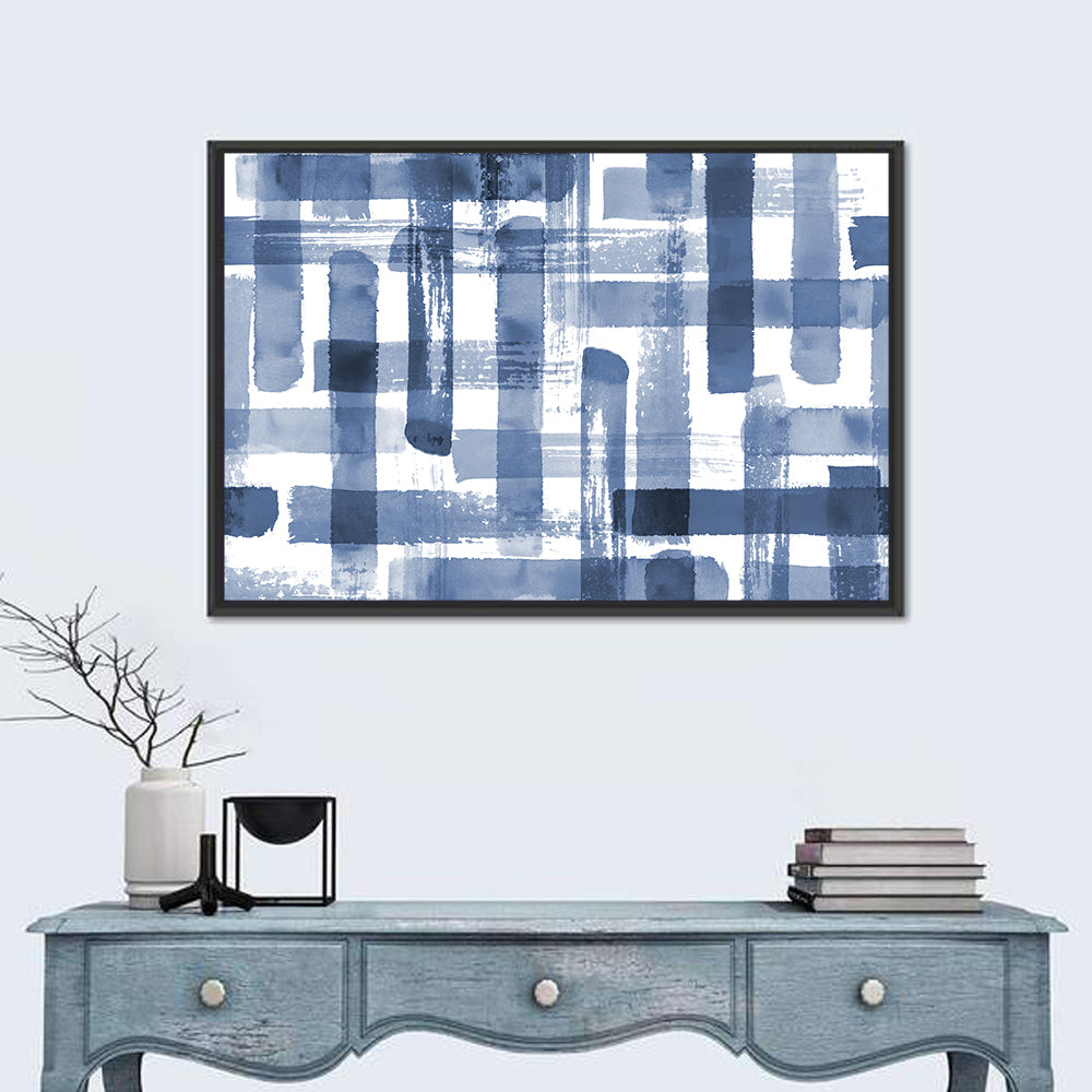 Indigo Brushstrokes Grid Wall Art in a room, landscape