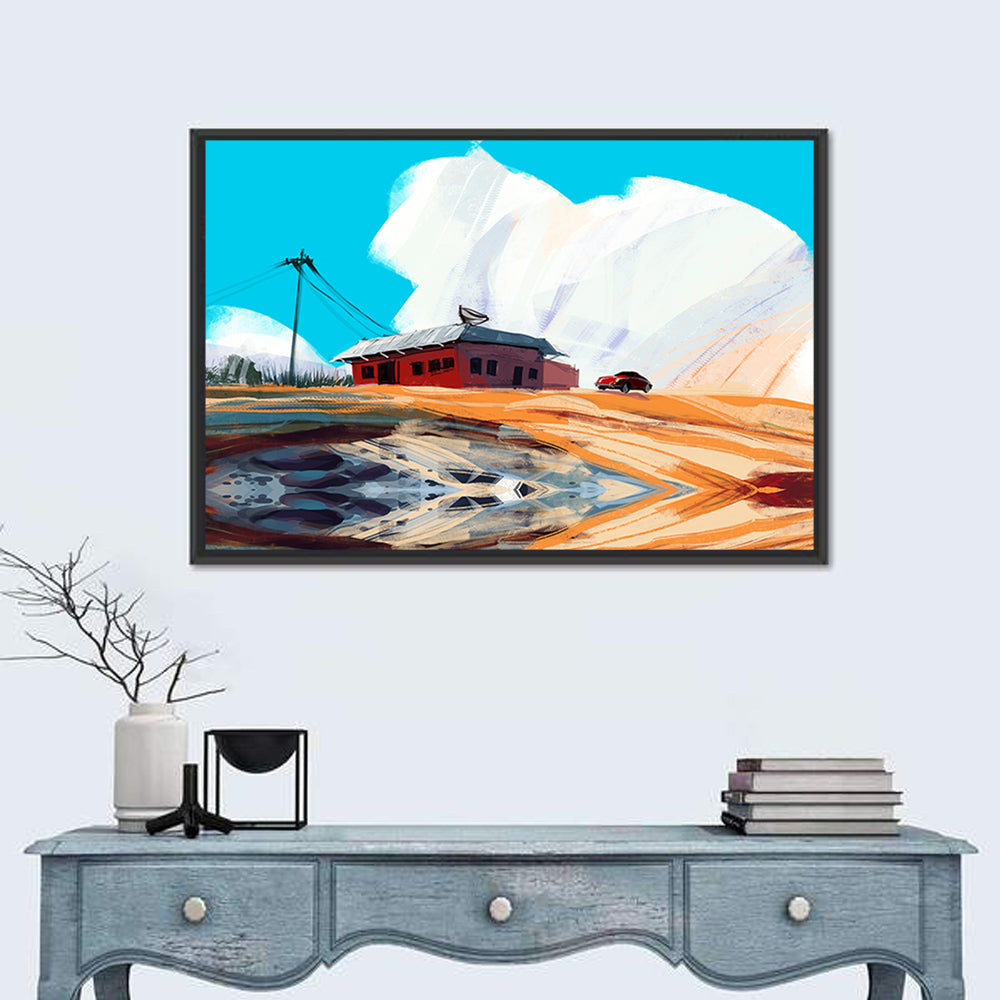 Red House in Desert Wall Art in a room, landscape