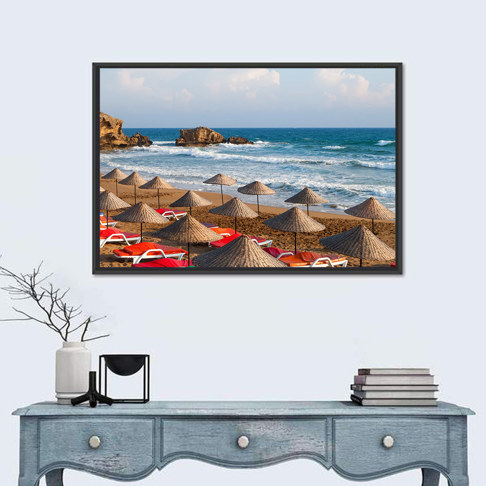 Straw Umbrellas on Sunny Beach Wall Art in a room, landscape
