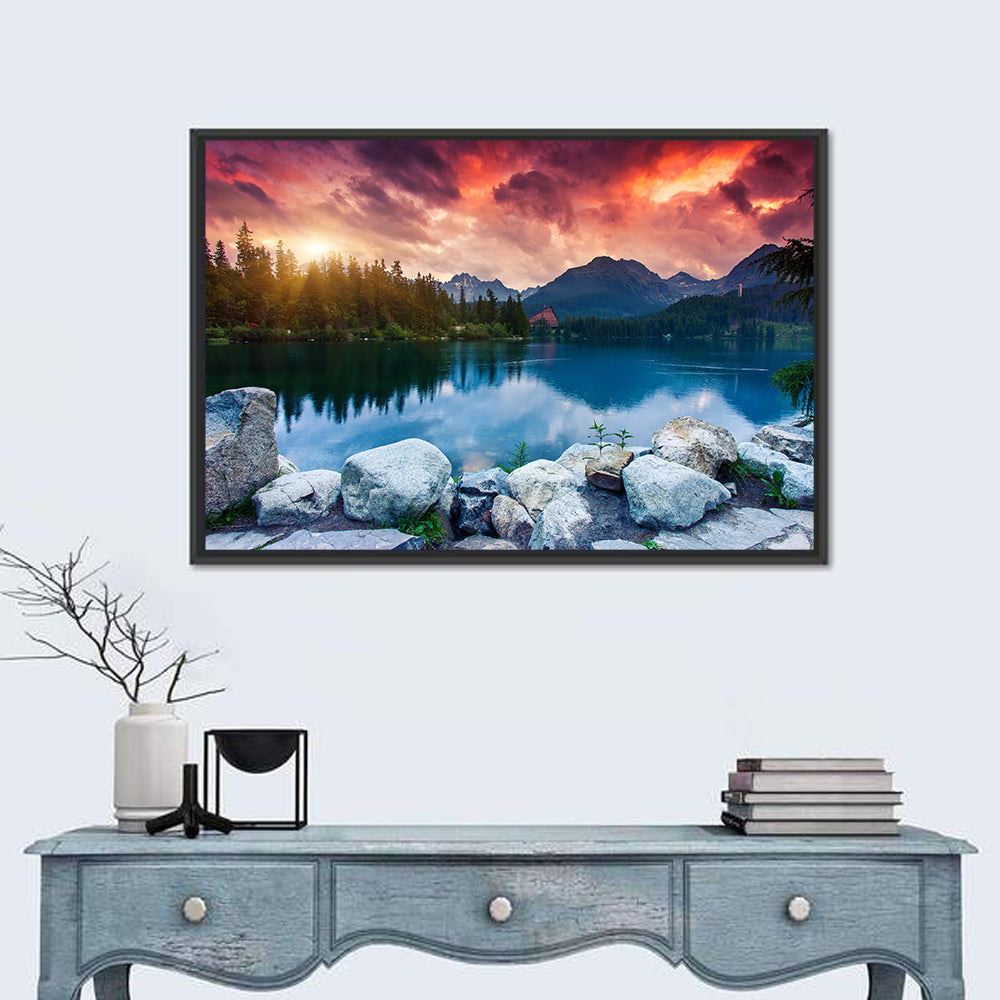 Sunset Over Štrbské Pleso Wall Art in a room, landscape