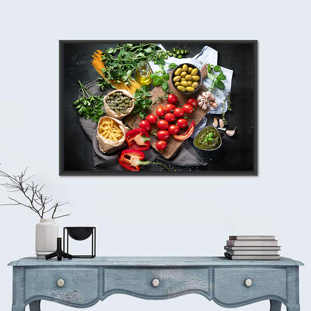 Italian Ingredients Flat Lay Wall Art in a room, landscape