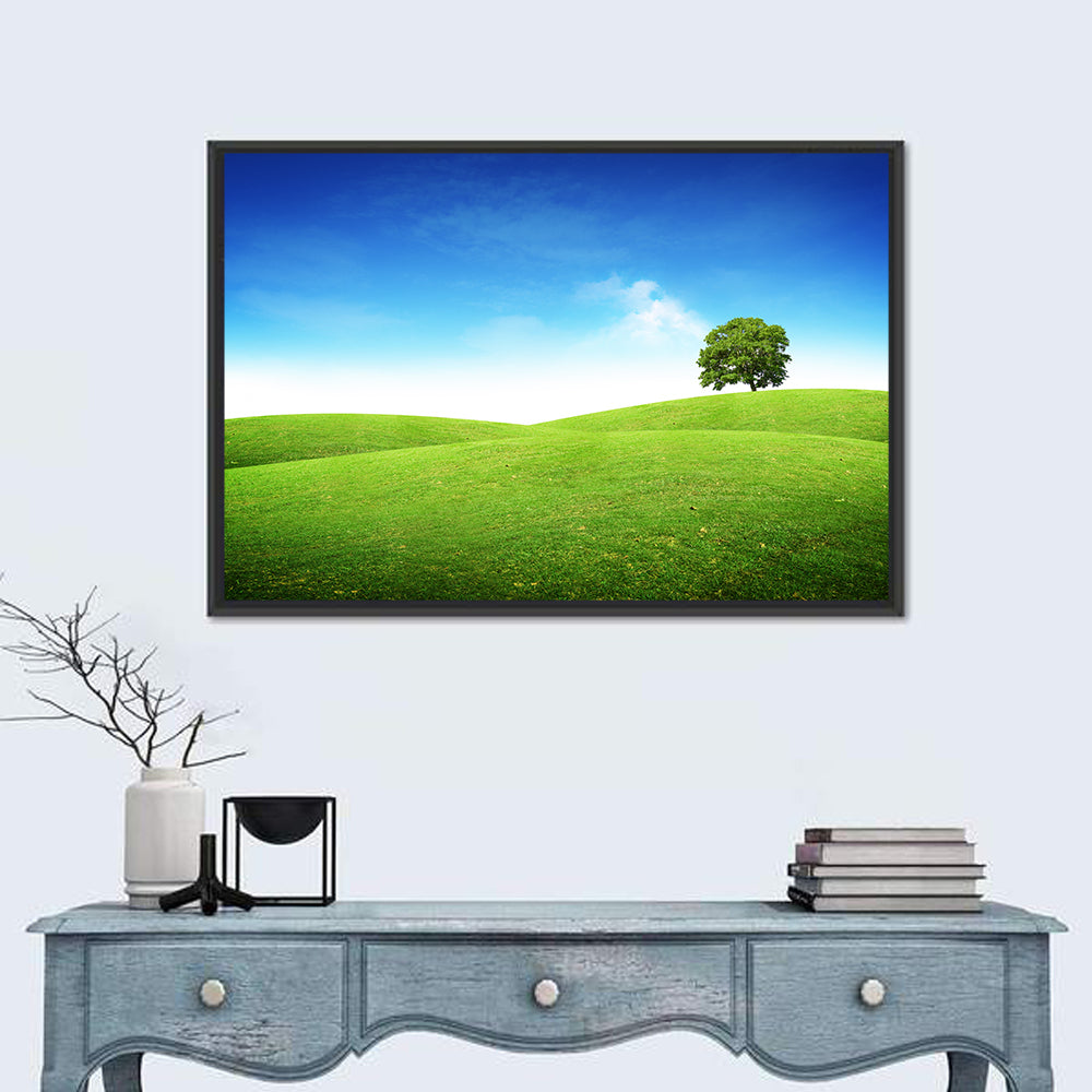 Lone Tree on Rolling Green Hill Wall Art in a room, landscape
