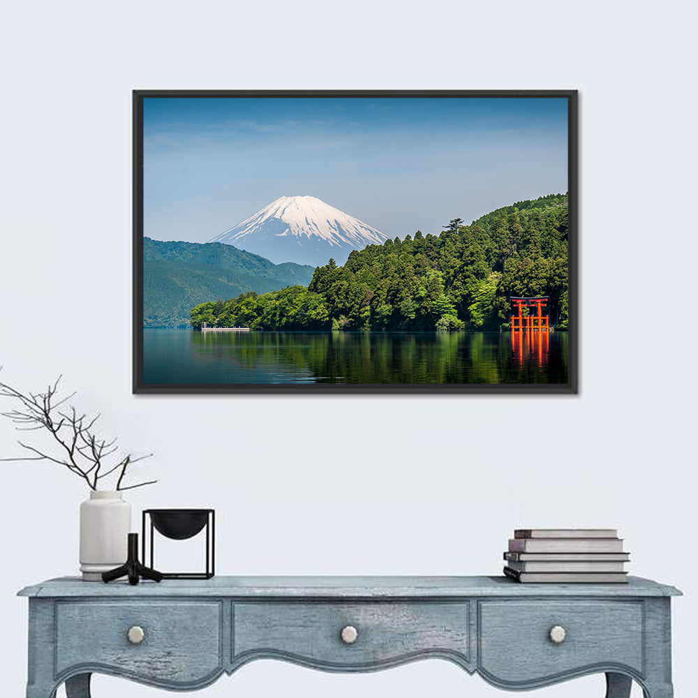 Mount Fuji Over Lake Ashi Wall Art in a room, landscape