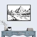 Monochrome Mountain Lake Sketch Wall Art