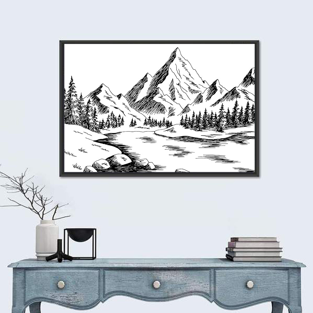 Monochrome Mountain Lake Sketch Wall Art