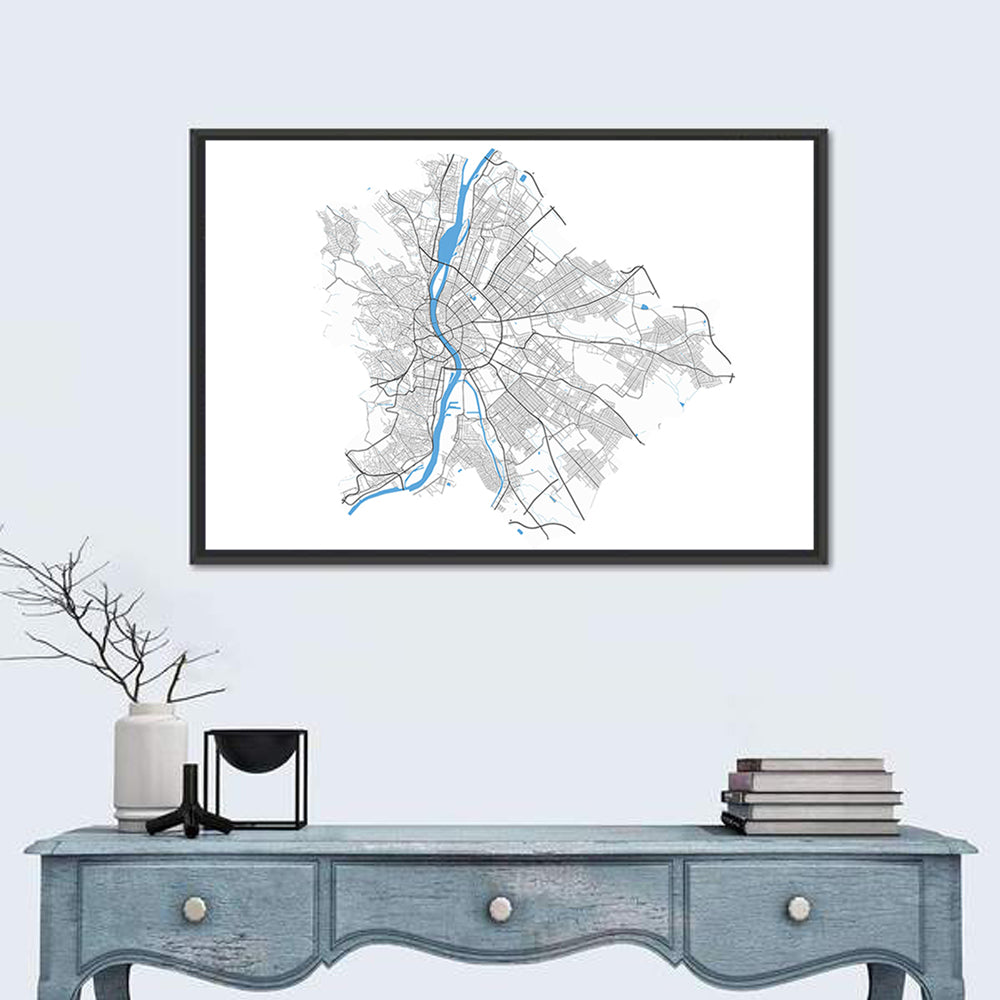 Budapest City Map Wall Art in a room, landscape