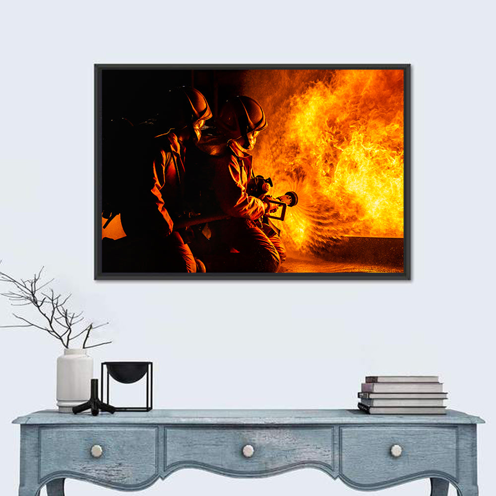 Firefighters Battling Flames Wall Art in a room, landscape