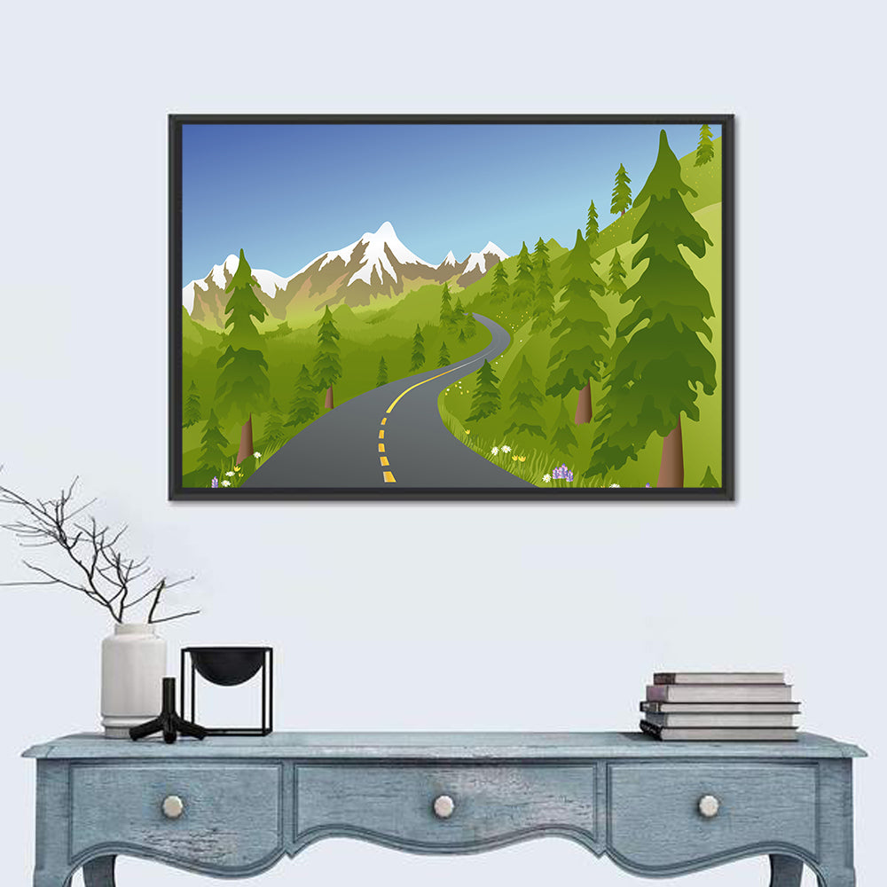 Summer Mountain Road Illustration Wall Art in a room, landscape