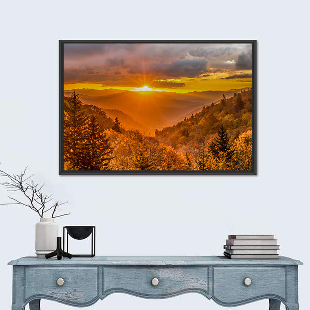 Great Smoky Mountains Sunrise Wall Art in a room, landscape