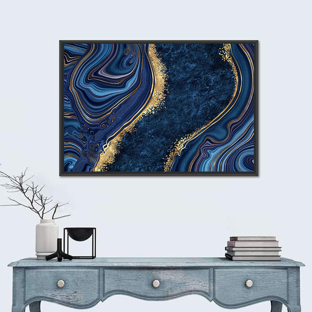 Diagonal Blue Marble with Gold Veins Wall Art in a room, landscape
