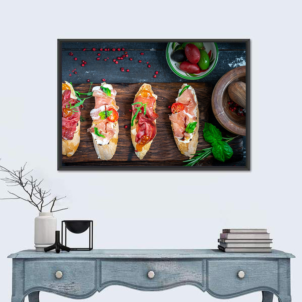 Bruschetta with Prosciutto and Olives Wall Art in a room, landscape