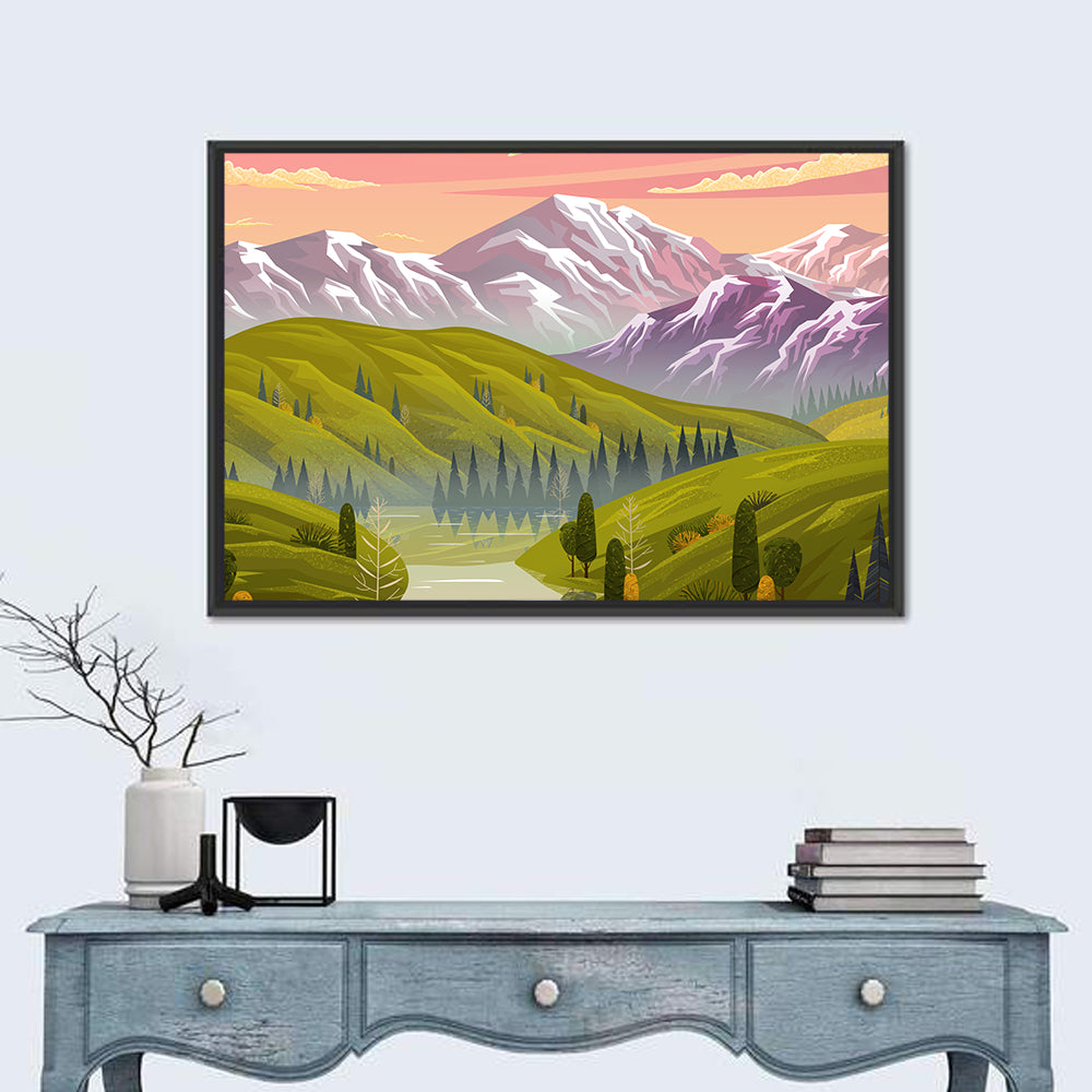 Sunset Over Mountain Lake Wall Art in a room, landscape